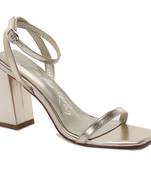 Gold Square Toe Block Heeled Sandal