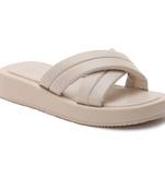 Quilted Beige Flat Slides