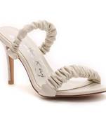 Gather Straps Slip-On Heeled Sandal in Beige