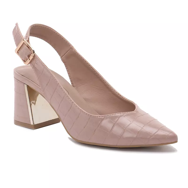 Croc Slingback Block Sandal in Nude