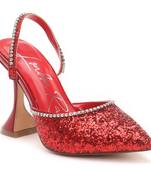 Glitter Spool Heel Sandal in Red