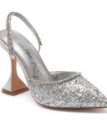 Glitter Spool Heel Sandal in Silver