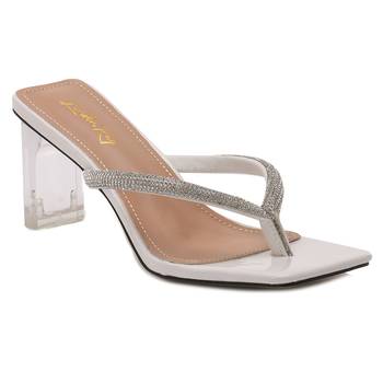 Crystal Lined Thong Block Heeled Sandal in White 1