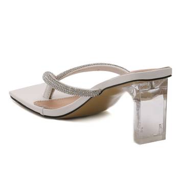 Crystal Lined Thong Block Heeled Sandal in White 3