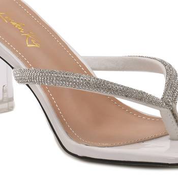 Crystal Lined Thong Block Heeled Sandal in White 4