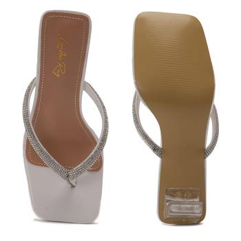 Crystal Lined Thong Block Heeled Sandal in White 5