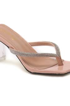Crystal Lined Thong Block Heeled Sandal in Nude