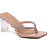 Crystal Lined Thong Block Heeled Sandal in Nude