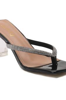 Crystal Lined Thong Block Heeled Sandal in Black