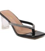Crystal Lined Thong Block Heeled Sandal in Black