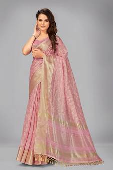 Pink woven silk saree with blouse
