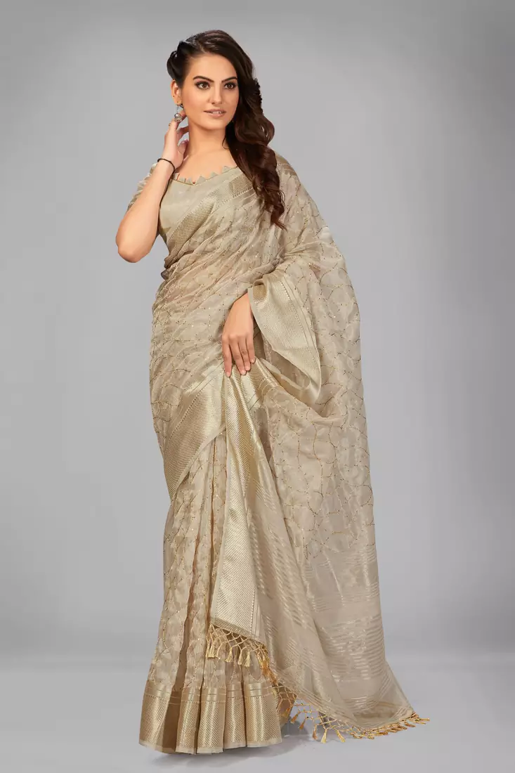 Grey woven silk saree with blouse