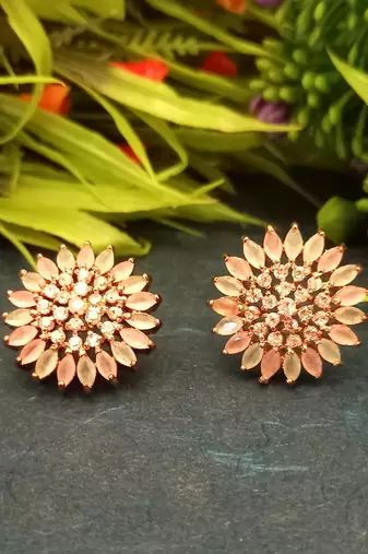 Multicolor American Diamond Mint Pink Earring Tops Rose Gold Polish