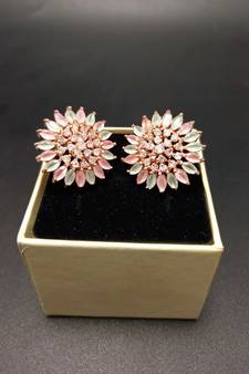 Multicolor American Diamond Mint Pink Earring Tops Rose Gold Polish