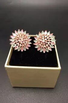 Multicolor American Diamond Mint Pink Earring Tops Rose Gold Polish