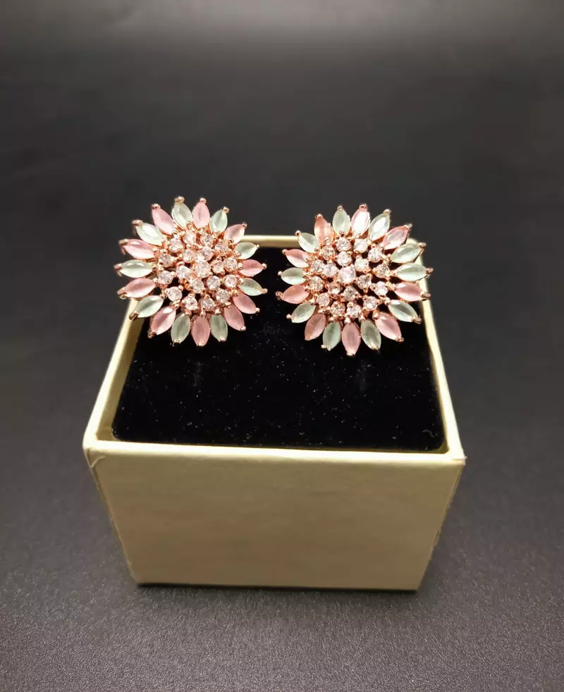 Multicolor American Diamond Mint Pink Earring Tops Rose Gold Polish