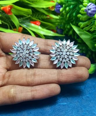 Multicolor American Diamond Mint Pink Earring Tops White Polish 1