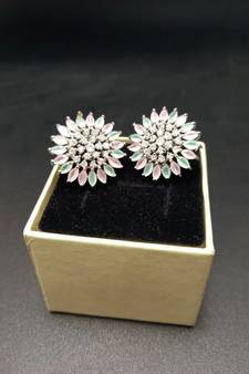 Multicolor American Diamond Mint Pink Earring Tops White Polish