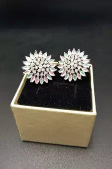 Multicolor American Diamond Mint Pink Earring Tops White Polish