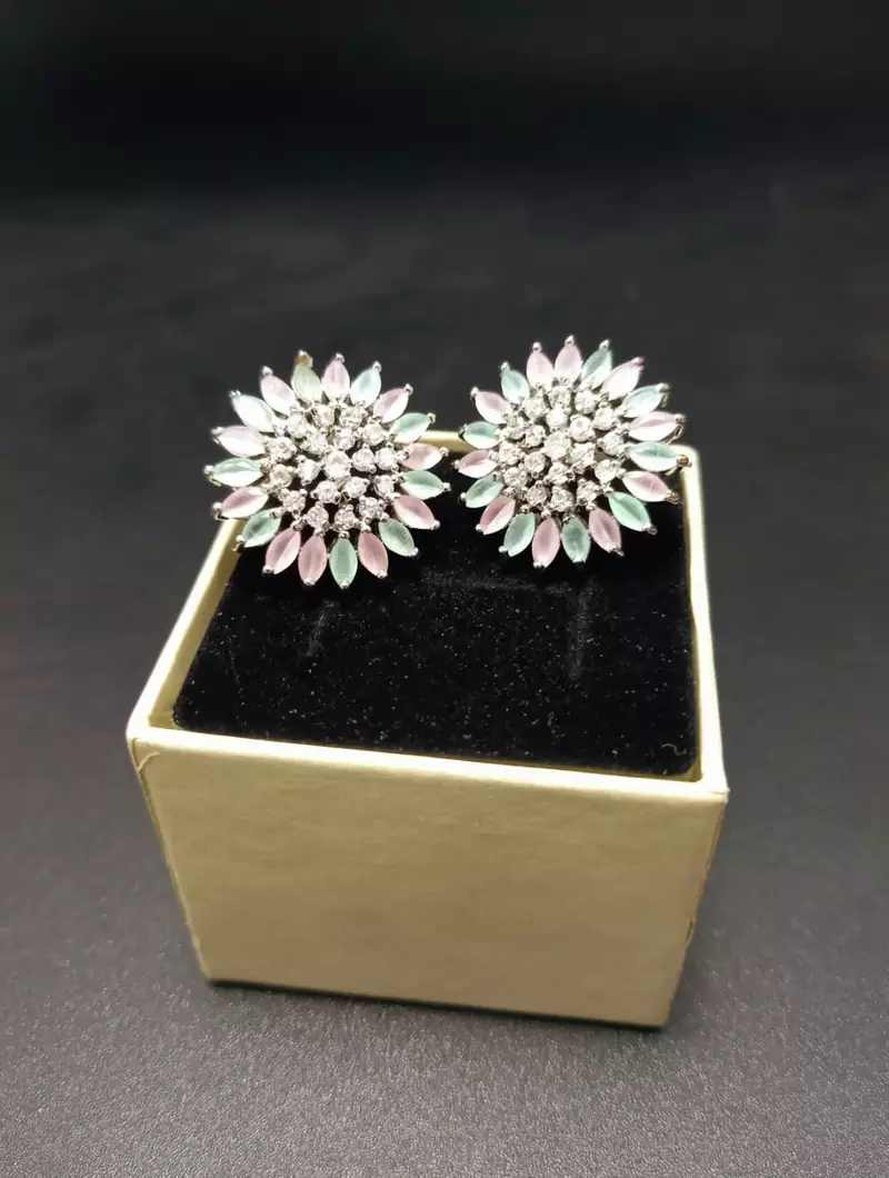 Multicolor American Diamond Mint Pink Earring Tops White Polish