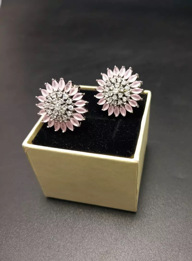 Pink American Diamond Earring Tops White Polish