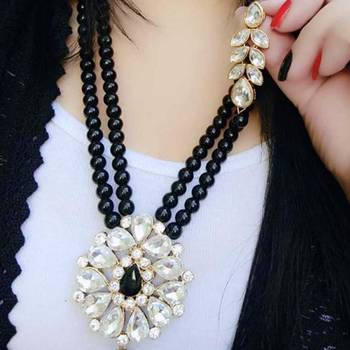 Mad Club Latest Stylish Black Beads Kundan Pearl Ruby Necklace Jewellery Sets with Earrings for Women & Girls 1