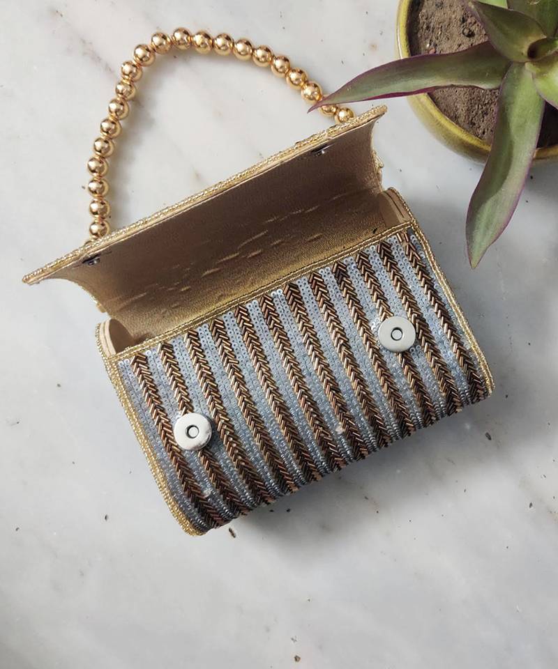 Antique Gold Flap Over Hand Embroidered Clutch