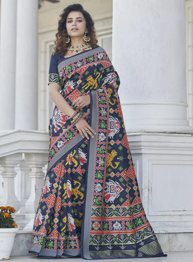 Navy blue patola weaving silk designer saree
