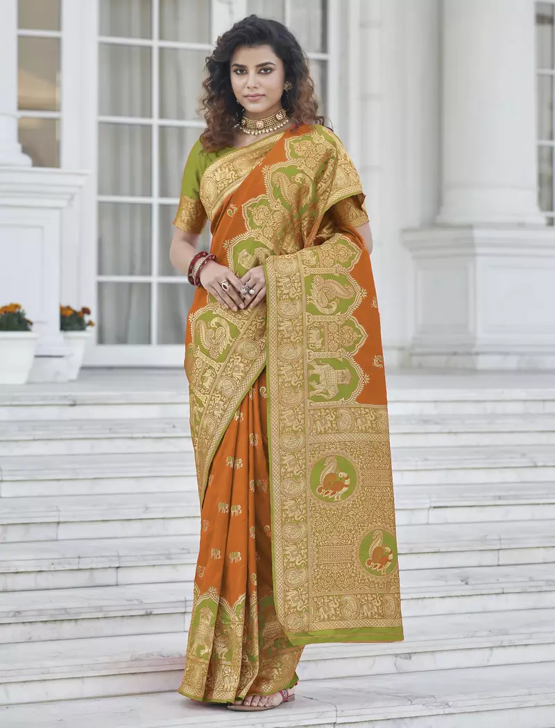 Orange Zari Weaving Soft Banarasi Silk Designer saree