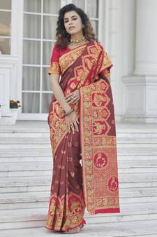 Brown Zari Weaving Soft Banarasi Silk Designer saree