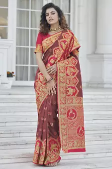 Brown Zari Weaving Soft Banarasi Silk Designer saree