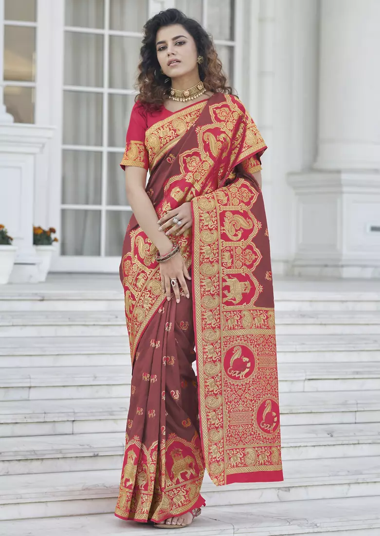 Brown Zari Weaving Soft Banarasi Silk Designer saree