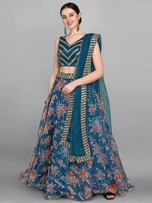 Turquoise Blue Embellished Sequinned Semi-Stitched Lehenga & Unstitched Blouse With Dupatta 1