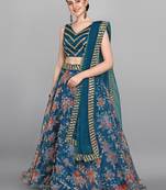 Turquoise Blue Embellished Sequinned Semi-Stitched Lehenga & Unstitched Blouse With Dupatta