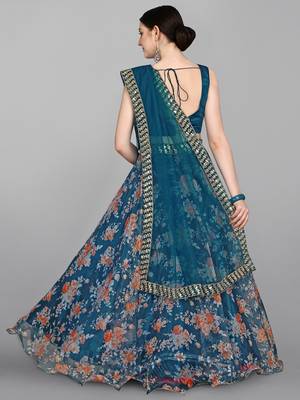 Turquoise Blue Embellished Sequinned Semi-Stitched Lehenga & Unstitched Blouse With Dupatta 2