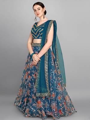 Turquoise Blue Embellished Sequinned Semi-Stitched Lehenga & Unstitched Blouse With Dupatta 3