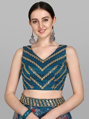 Turquoise Blue Embellished Sequinned Semi-Stitched Lehenga & Unstitched Blouse With Dupatta 4
