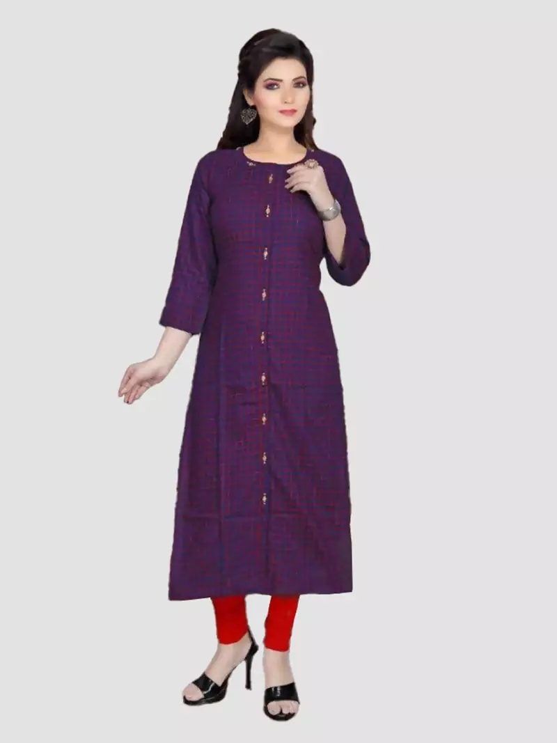 Navy Blue Colour Rayon Chex Print Designer Straight Kurti