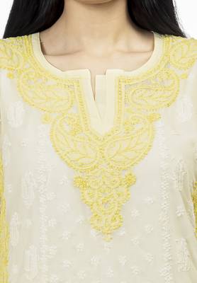 Hand Embroidered Yellow Cotton Chikankari kurti 2
