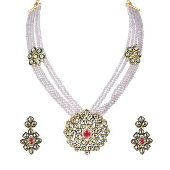 Mad Club Crystal Shine Multistrand Grey Beads Ethnic Kundan Necklace & Earring Set For Women 1