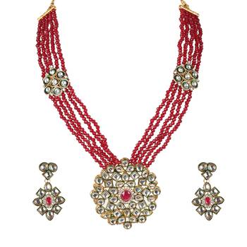 Mad Club Crystal Shine Multistrand Maroon Beads Ethnic Kundan Necklace & Earring Set For Women 1