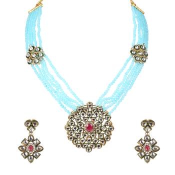 Mad Club Crystal Shine Multistrand SkyBlue Beads Ethnic Kundan Necklace & Earring Set For Women 1