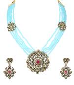 Mad Club Crystal Shine Multistrand SkyBlue Beads Ethnic Kundan Necklace & Earring Set For Women