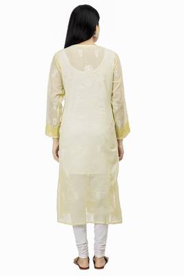 Hand Embroidered Yellow Cotton Chikankari kurti 3