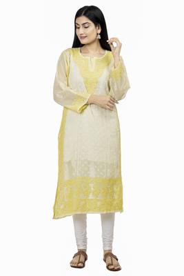 Hand Embroidered Yellow Cotton Chikankari kurti 1