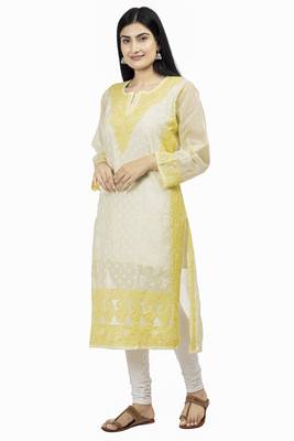 Hand Embroidered Yellow Cotton Chikankari kurti 4