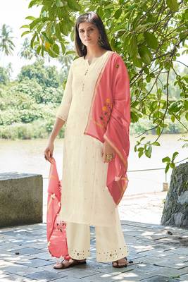 Amazing bemberg cotton beige printed salwar suit with mask 1