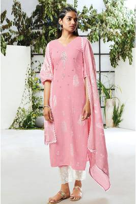 Nice pure cotton pink printed beads mirror hand work salwar suit 1