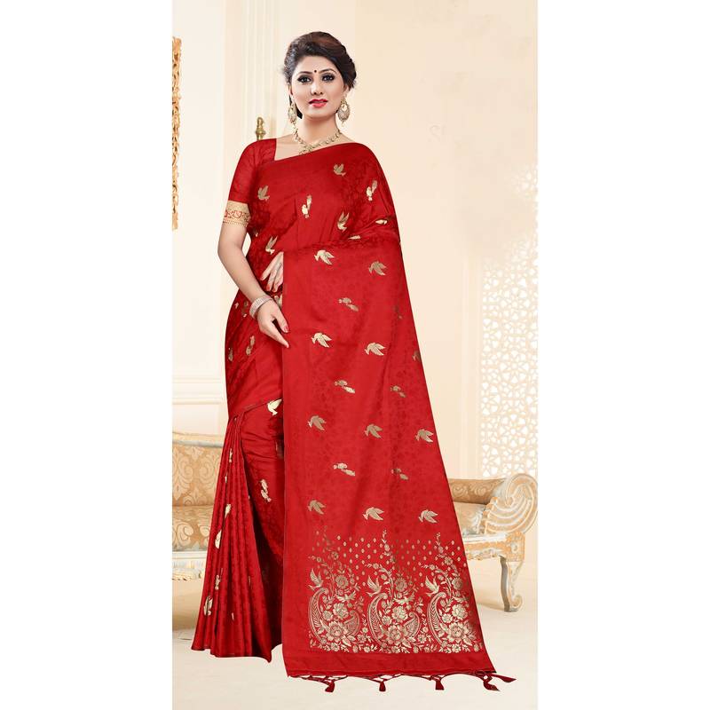 Red woven pure silk saree with blouse