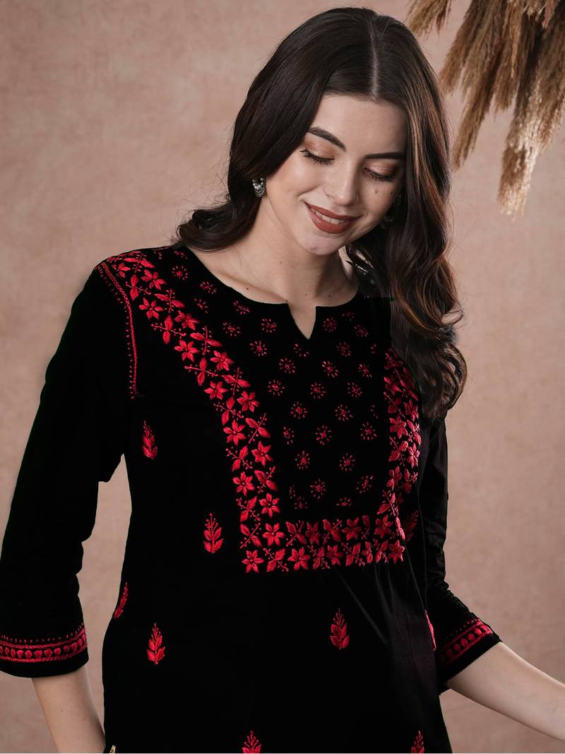 Hand Embroidered Black & Red Cotton Lucknowi Chikan Women Top